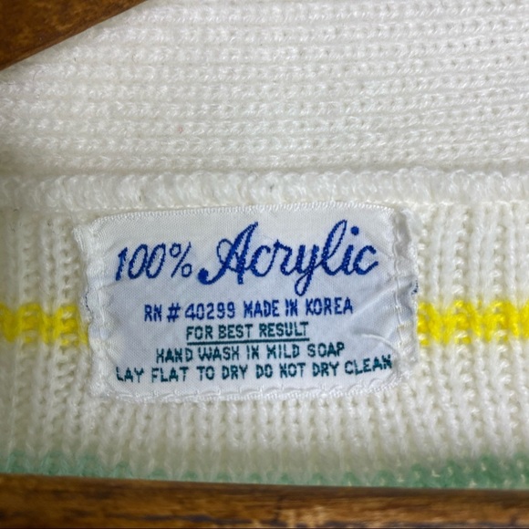 Vintage Knit Open Front Cardigan Pockets Pastel Stripes White Yellow Blue - Picture 8 of 9